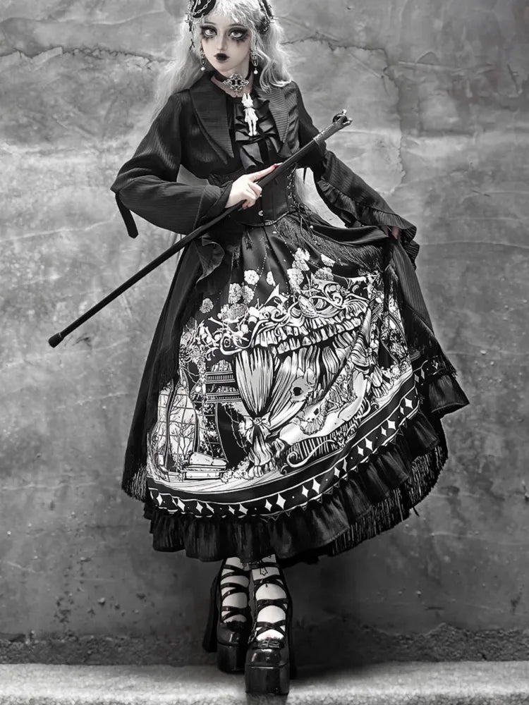 Ärmel Dunkler Gürtel Verfügbar Schwarzes Korsett Gothic Plus Set Lang - Voller Lolita Rock Größen Shirt +