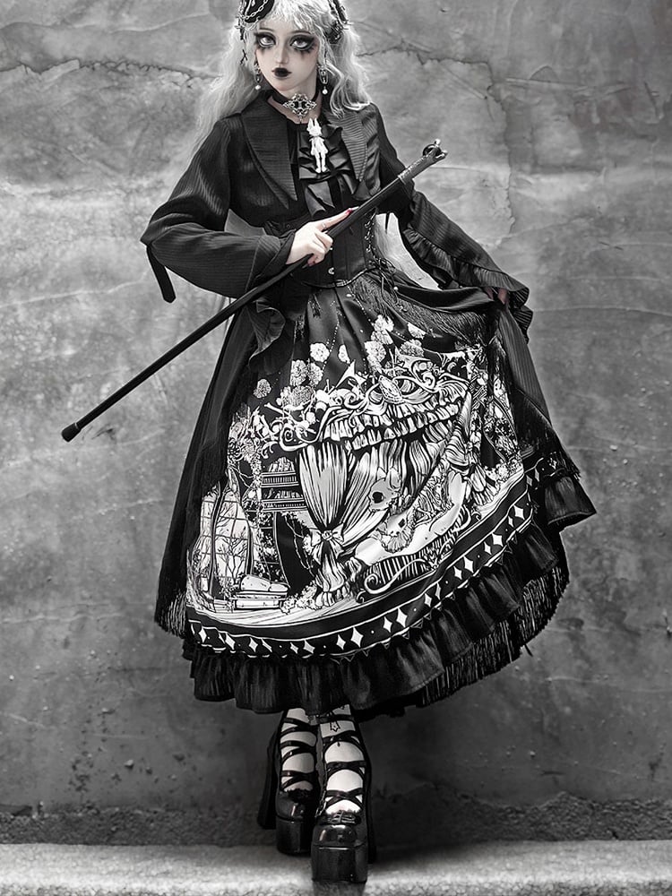Sizes Cat Dark Plus Skeleton Black Lolita Available Skirt Print Gothic