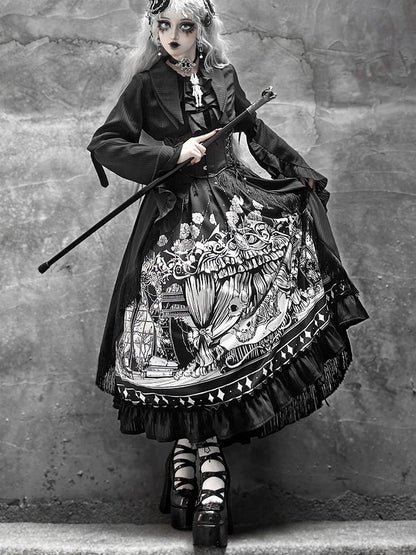Sizes Cat Dark Plus Skeleton Black Lolita Available Skirt Print Gothic