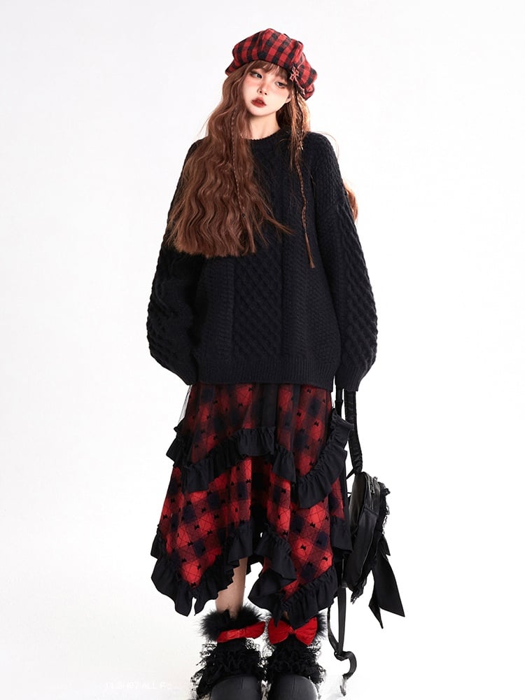 Y2K Red Plaid Pattern Asymmetrical Ruffled Hem Skirt