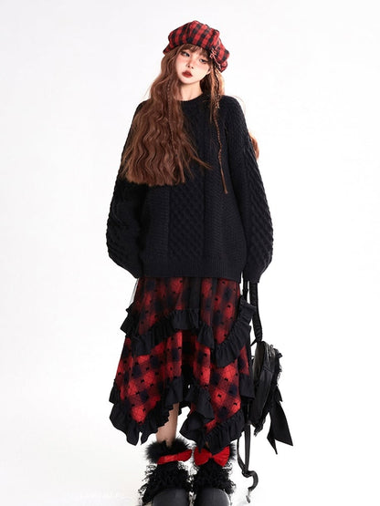Y2K Red Plaid Pattern Asymmetrical Ruffled Hem Skirt