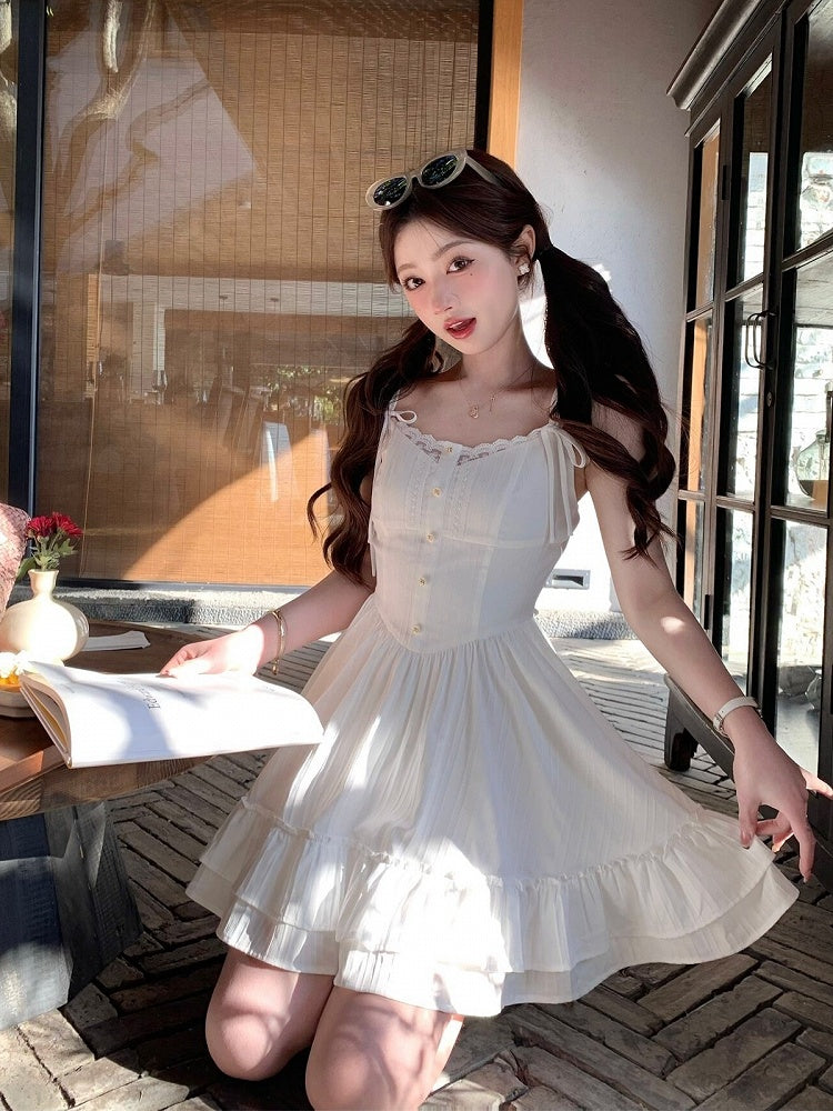 White Lace Detail Summer Holiday Dress - Qchiwawameme