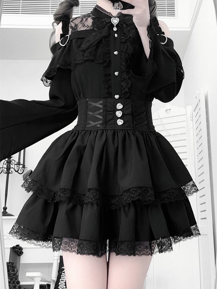 Open Jirai Kei Bell Shoulders Black Set: with Top Three-Piece Sleeves All