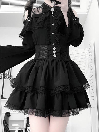 Open Jirai Kei Bell Shoulders Black Set: with Top Three-Piece Sleeves All