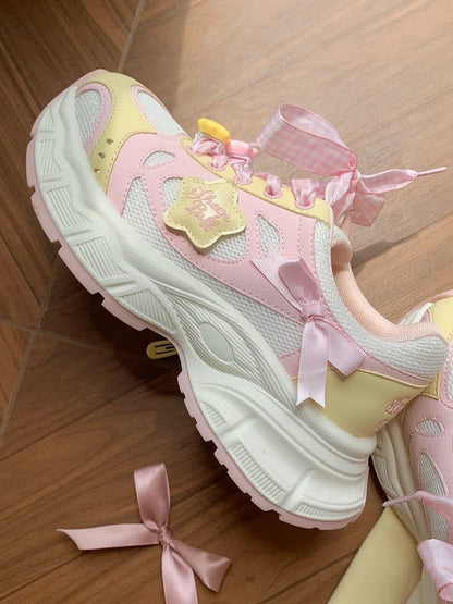 in Platform Pink Lolita Design Bow Plaid Lace-up Star Sweet Details Sneakers Yellow And