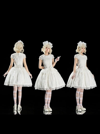 Elegant Ivory Floral Lace Applique Short OP Dress with Sash - Sleepless Unanswered