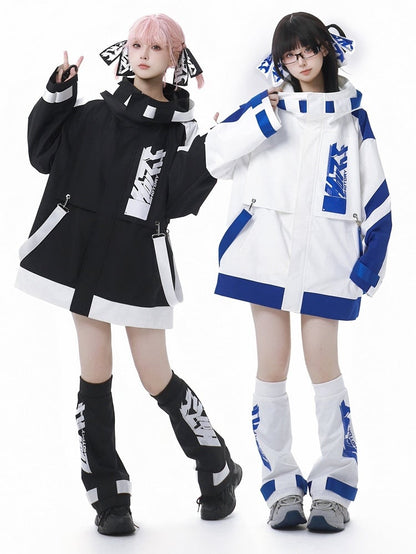 Blue and White Jirai Kei  Techwear Straps Design Hooded Windbreaker Jacket