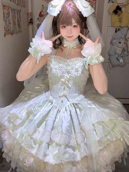Flower with Lolita Jacquard Green Accents Layered Dress Lace Blooming Hime Mint Basque Waist Fluffy