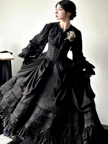 Detail Lolita with Under Bust Dress Embroidery Gothic Waist Black Boned