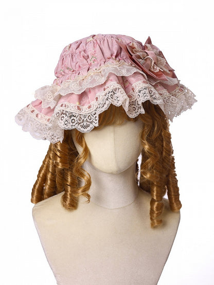 Floral Print Baby Hat with Lace Trim, Two-Color Lolita Style - Alice Girl