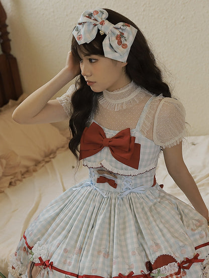 Print Bowknot Hairclip Plaid Blue Cherry