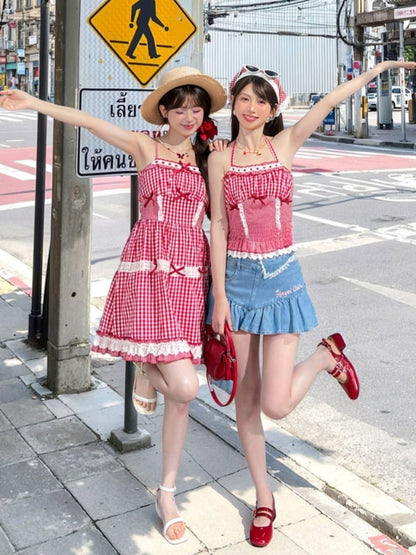 夏用レーストリム、レッドホワイトチェック柄ホルターネックトップ、ホリデー