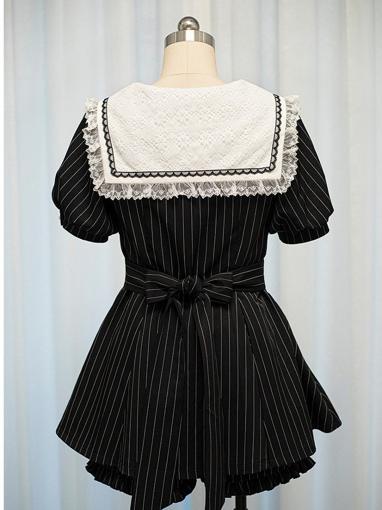 Black Striped Sailor Collar Short-Sleeve Dress with Cherry Blossom Embroidery and Matching Shorts - Dream Core Waves