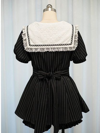 Black Striped Sailor Collar Short-Sleeve Dress with Cherry Blossom Embroidery and Matching Shorts - Dream Core Waves