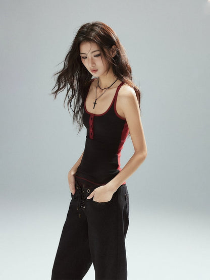 Scoop Top - Cami Red Slim-fitting Black Neckline