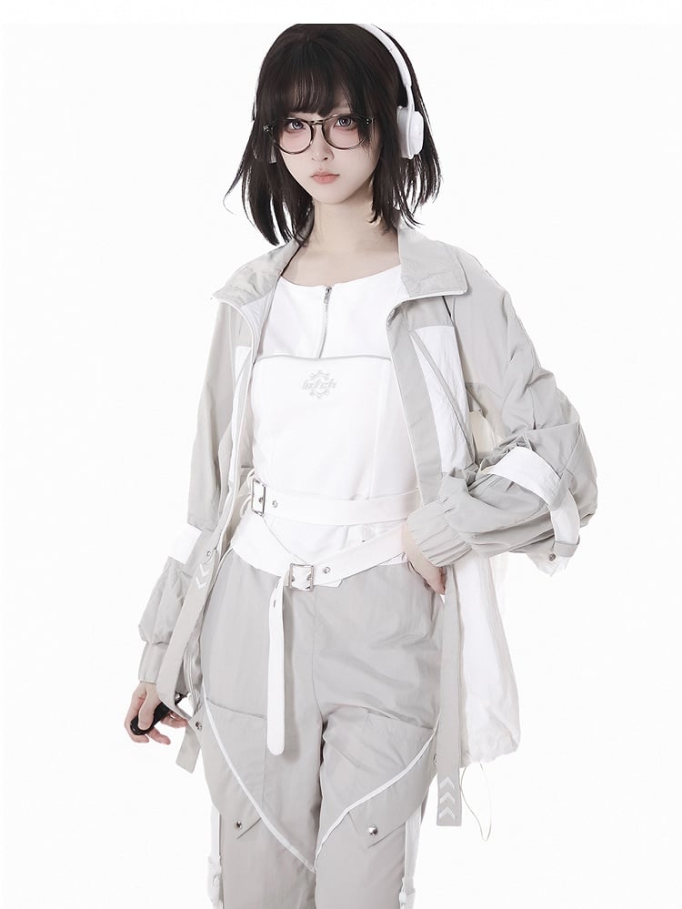 und weiße Techwear-Sonnenschutzjacke mit grauem Saum und Colorblock-Kordelzug