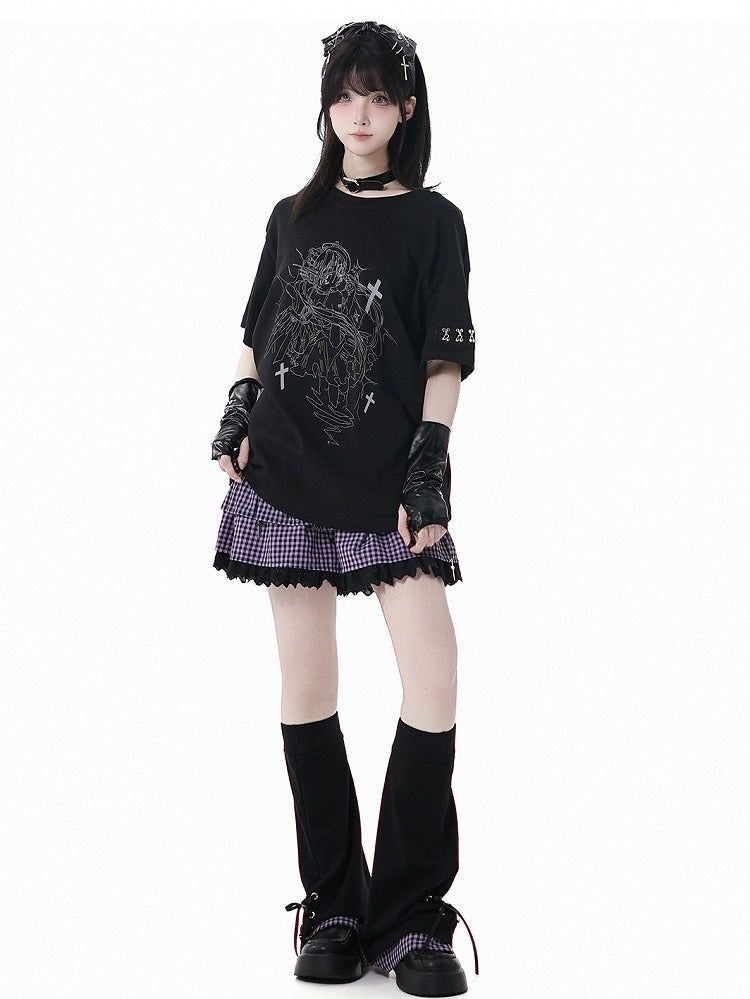 Print T-Shirt Angel Black Round Neck Reflective Cyber