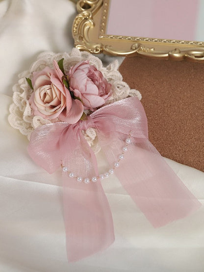 Chain with Brooch/Hairclip Bow Bead Floral Tulle and Pink
