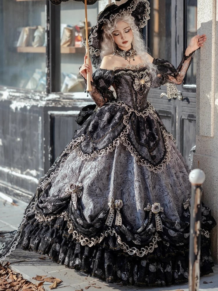 Lolita Gray Long Off-Shoulder Gown Lace Details with Ruffles Version Layered and Hime Hanayome Black Bow