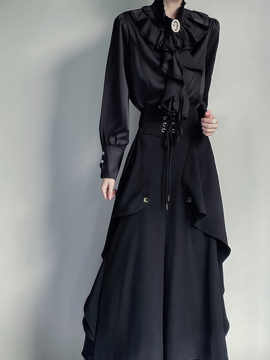 Cascading Ruffles Jabot Blouse – Leg-of-Mutton Sleeves + Brooch | ROAE
