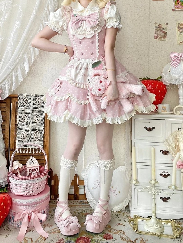 Details Pink Lace with Light Bow Dot Sweet Strawberry JSK and Lolita Polka Themed Dress