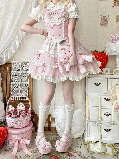 Pink + Bonnet Lolita with Ear and Dress Themed Strawberry JSK Full Polka Bunny Hairband Set Dot Light Bow Lace Details Choker Sweet