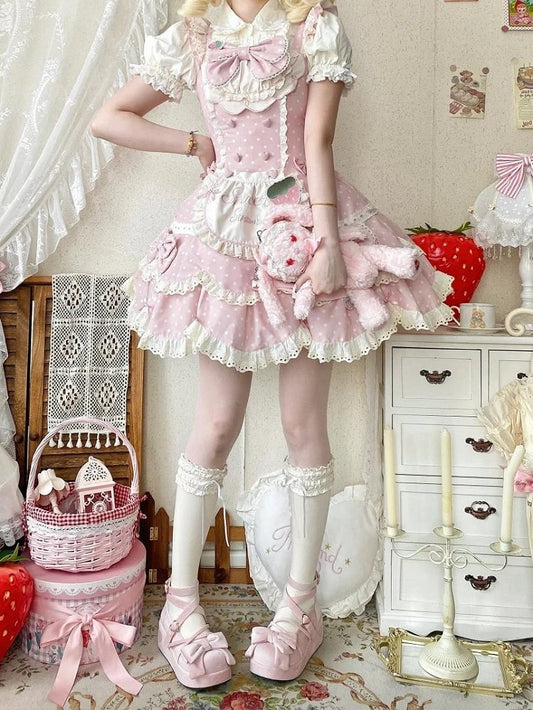 Pink + Bonnet Lolita with Ear and Dress Themed Strawberry JSK Full Polka Bunny Hairband Set Dot Light Bow Lace Details Choker Sweet