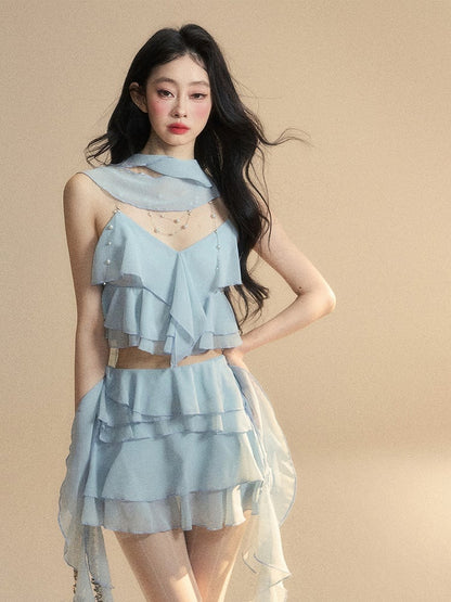 Tiered Ruffles Cropped Cami Top Scarf Free Blue Chiffon V-Neck with