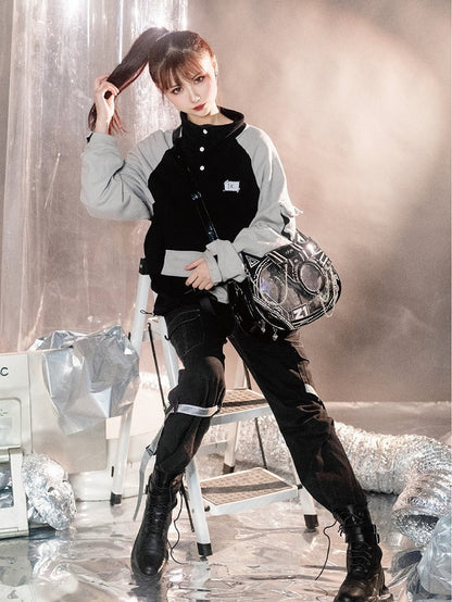 Futuristic Cyberpunk Cat Ita Bag Black Silver - Daylight
