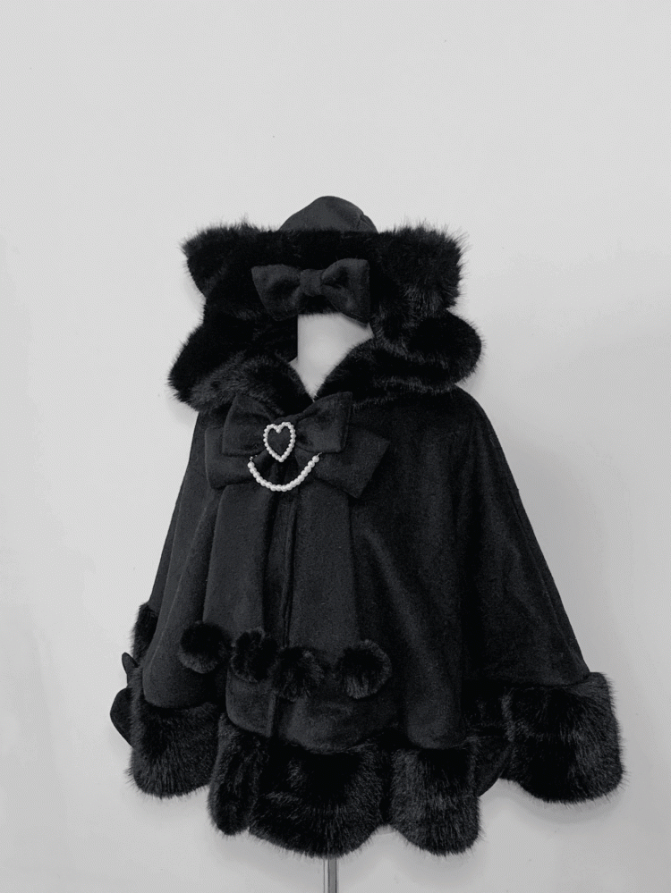 Jirai Cape Kei with Hood Coat - Kitty-Ears Plush Wool Essential Black Fall/Winter