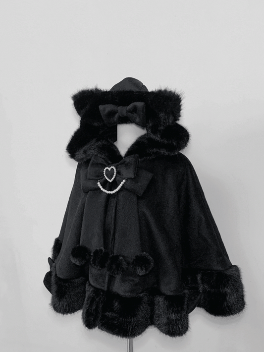 Jirai Cape Kei with Hood Coat - Kitty-Ears Plush Wool Essential Black Fall/Winter