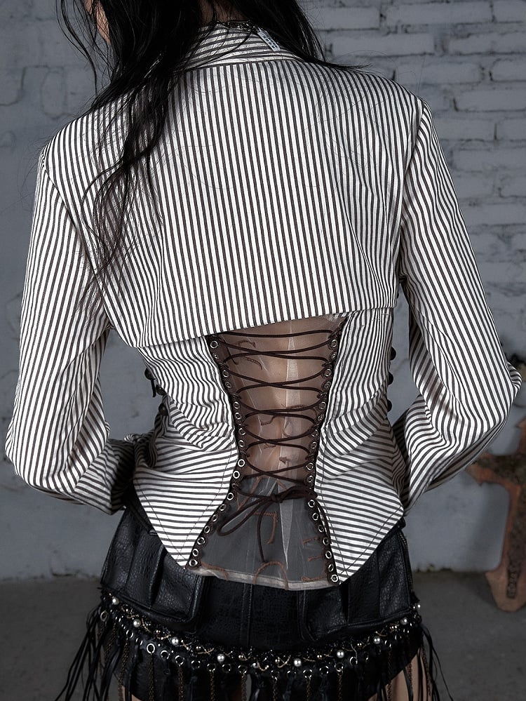 ブラウンホワイトバックルレースアップ柄ストライプデザインウェイストランド装飾シャツパンク