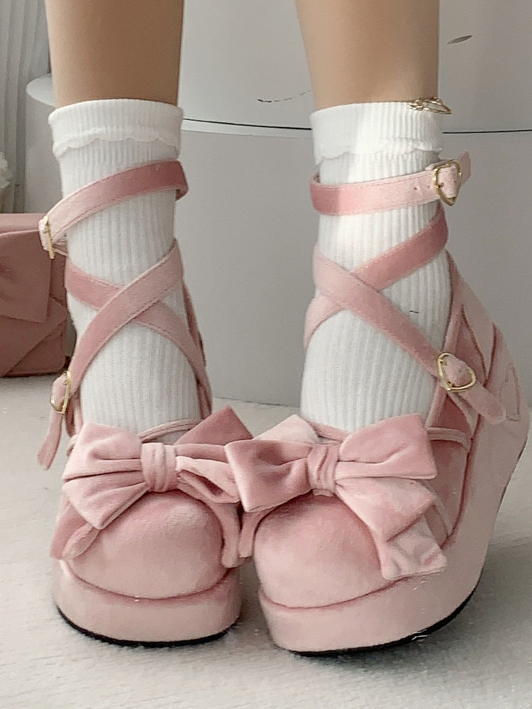 Accents Bow Pink Mary Janes - Lolita Platform Sweet Velvet