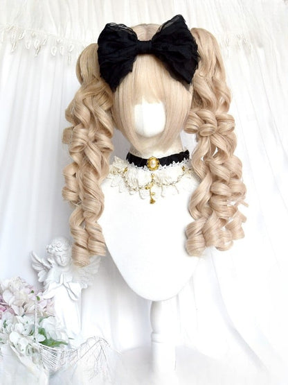 Blonde glatte lockige Perücke mit doppeltem Pony, Clips, Pferdeschwanz, 43 cm, kurze Länge, 22 cm