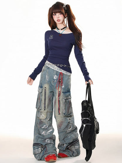 Aprikose/königsblaues, schmal geschnittenes Oberteil mit Spitzenakzenten und asymmetrischem Ausschnitt