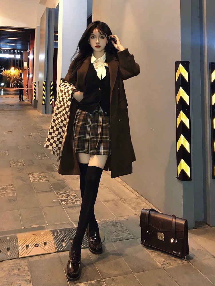 Brown Notched Collar Double-Breasted Woolen Coat