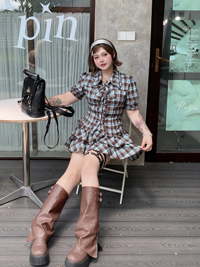 Plus Size Tiered Blue and Brown Plaid Blouse Preppy Style Sleeves Short Skirt /