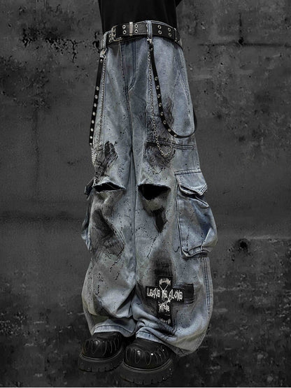 Graffiti Print Applique Cross Blue and Jeans Cargo Wide-Leg with Distressed