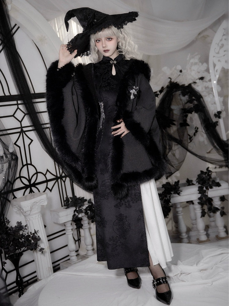 Hooded Winter Cape Coat with Plush Trim in Black - With PUJI