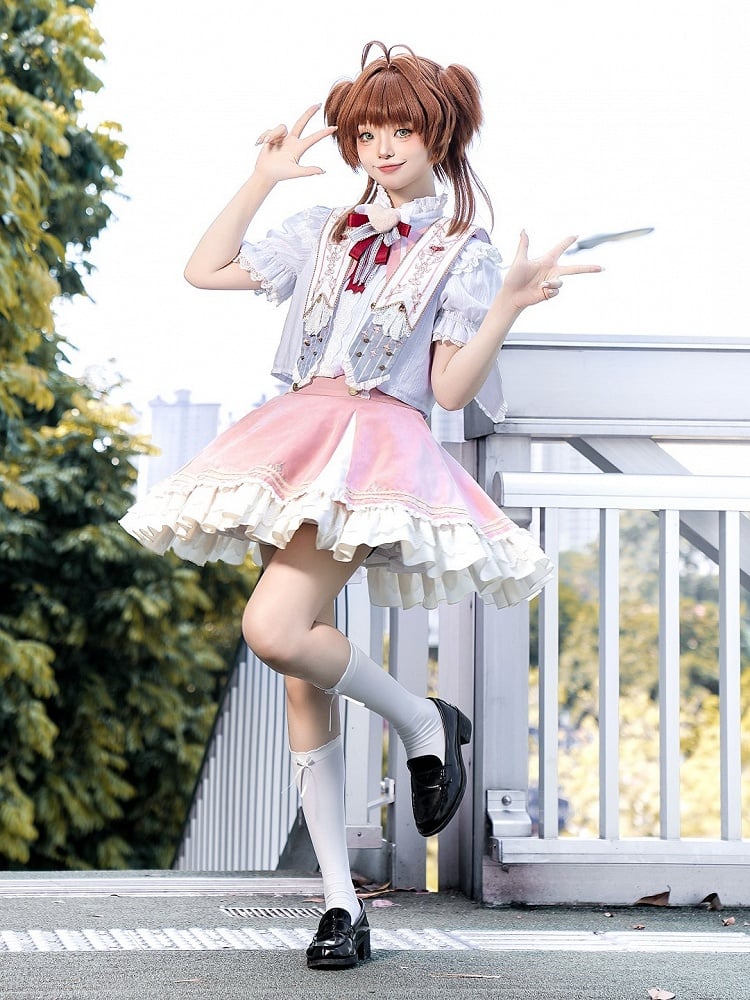 Buttons Gold-Tone Lace Trim Skirt Pink with and Waist High Lolita