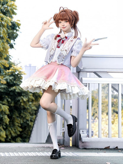 with Gold Ruffled Blouse Heart-Shaped Bow White and Red Buttons Lolita