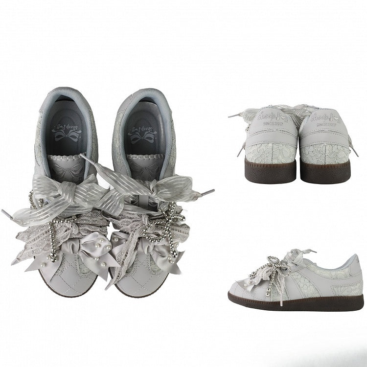 Krawatten Grau Perlen an Spitze Sneakers Vorne Top Schnürung Verzierte Schleife