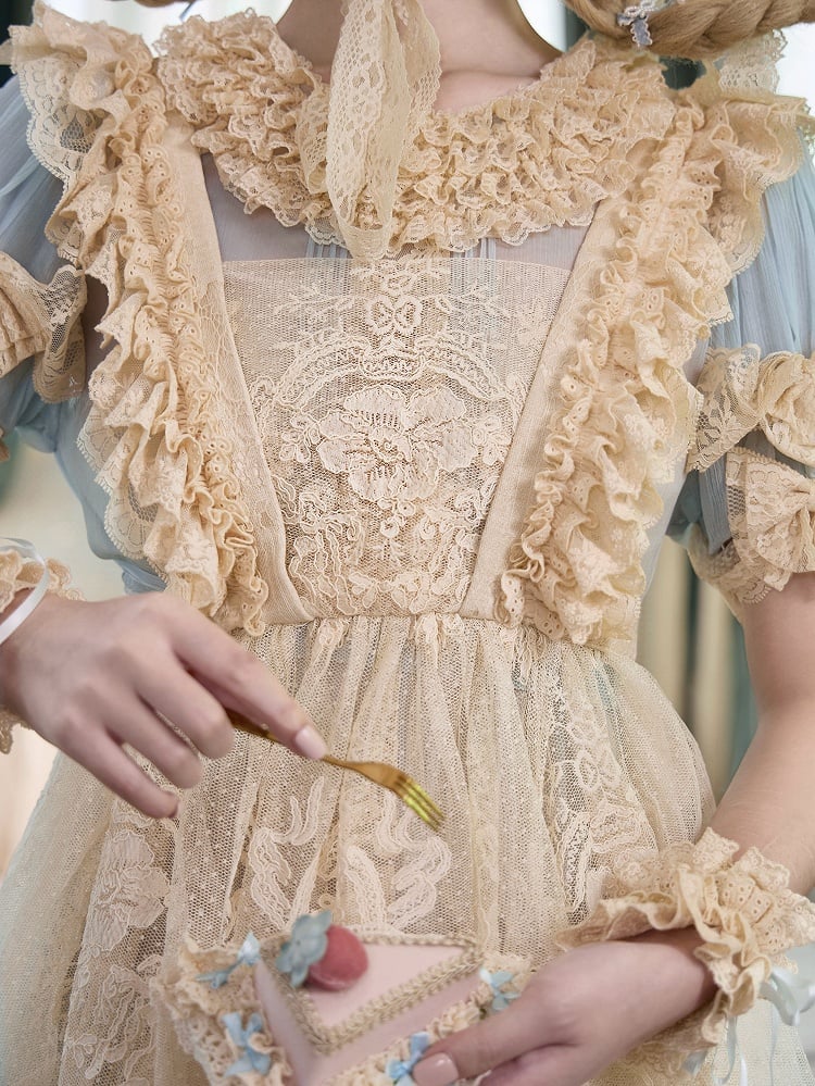 Dotted Tulle & Lace Apron in Romantic Goth Apricot Style - Blood Supply