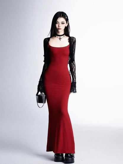 Glamouröses Spaghettiträgerkleid mit Rock im Boden, Schwarz/Rot/Blau, Länge Meerjungfrau