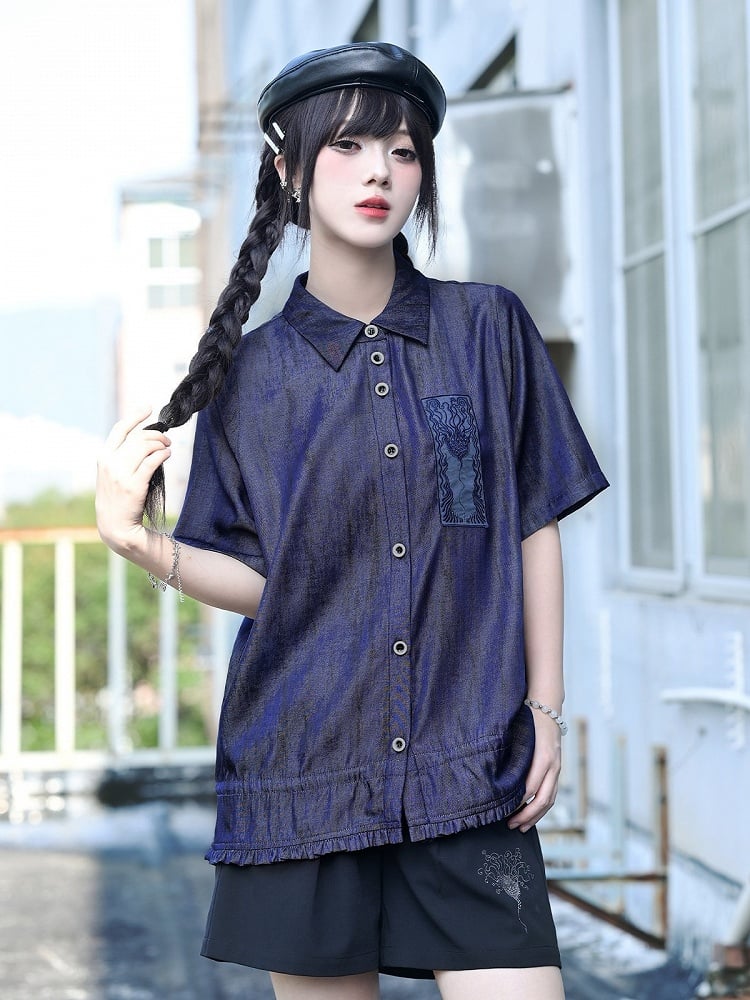 Purple Short Sleeve Shirt with Sea Lily and Drawstring - Quirky Hut