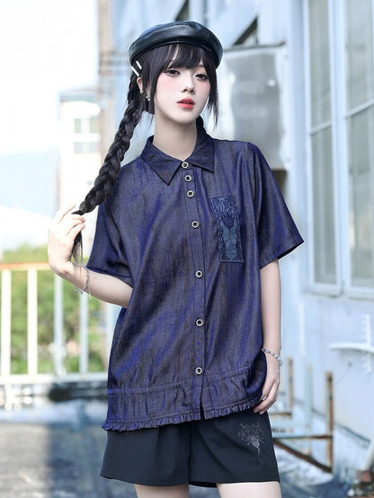 Purple Short Sleeve Shirt with Sea Lily and Drawstring - Quirky Hut