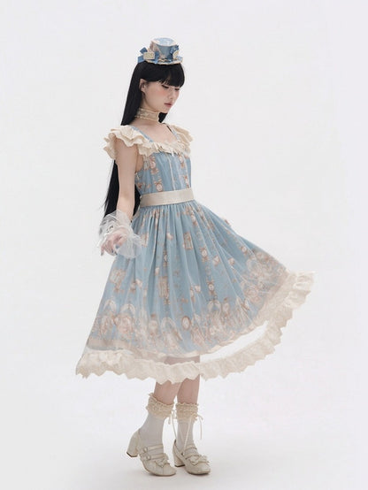 Elegant Lolita JSK Dress with Angel Unicorn Floral Print and Flutter Sleeves - Qian Mu