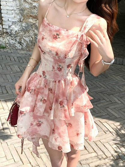 Red Floral Asymmetrical Ruffle Hem Summer Dress - Qchiwawameme