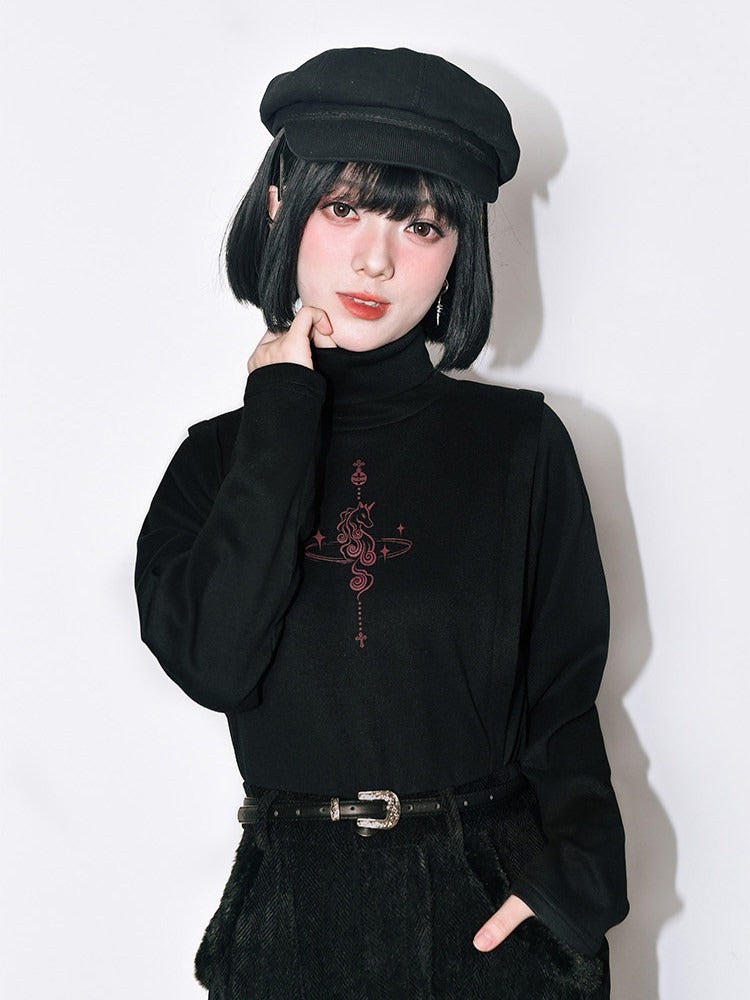 Unicorn Print Black Turtleneck Long Sleeve Top for Spring Autumn - Quirky Hut