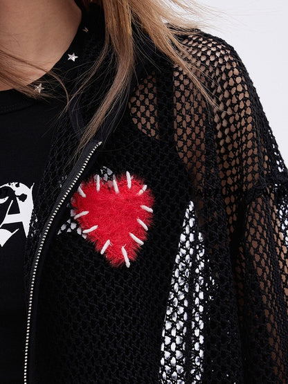 ブラック 中空ハートアップリケ ジップ開閉 長袖 ニットトップス